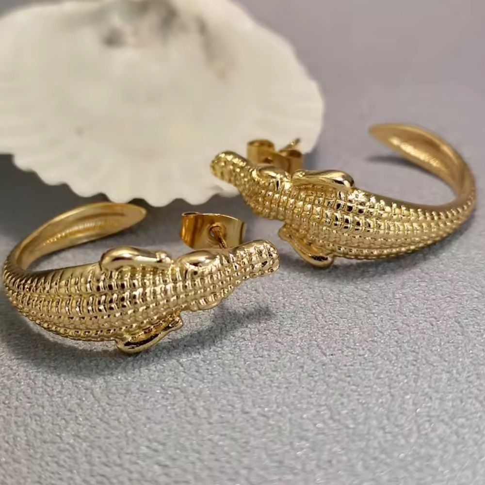 Gold Alligator Hoop Earrings View 3